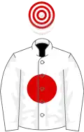 White, red disc, hooped cap
