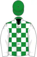 Green and white check, white sleeves, green cap