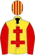 YELLOW, red cross of lorraine and sleeves, striped cap