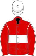 Red, white hoop, red sleeves, white seams, white cap