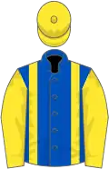 Royal blue, yellow braces, sleeves and cap