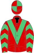 Red, emerald green chevron, chevrons on sleeves, quartered cap