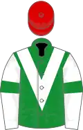 Green, white chevron, white sleeves, green armlets, red cap