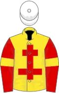Yellow, red cross of lorraine, red sleeves, yellow armlets, white cap