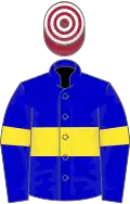 Blue, yellow hoop and armlets, maroon and white hooped cap