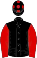 Black, red sleeves, black cap, red spots