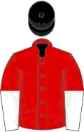 Red, white halved sleeves, black cap