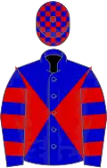 Blue and red diabolo, hooped sleeves, checked cap