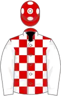 Red and white check, white sleeves, red cap, white spots
