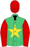 Emerald green, yellow star, red sleeves and cap
