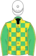 EMERALD GREEN and YELLOW CHECK, emerald green sleeves, yellow seams, white cap
