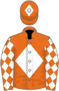 Orange, white diamond, white diamonds on sleeves, white diamond on cap