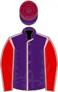 Purple, pink seams, red sleeves, pink seams, purple and red hooped cap