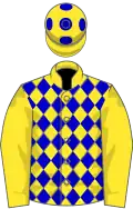 Yellow, blue diamonds on body, yellow cap, blue spots