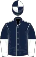 Dark blue, white seams, dark blue sleeves, white halved, white cap, dark blue quartered