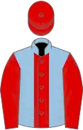 Light blue, red stripe, sleeves and cap