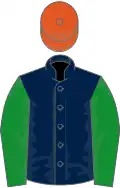 Oxford blue, green sleeves, flame cap