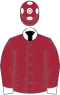 MAROON, white collar and cuffs, maroon cap, white spots