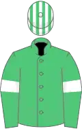 Emerald green, white armlets, striped cap