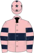 Pink, dark blue hoop, hooped sleeves, pink cap, dark blue stars
