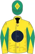 Yellow, dark blue disc, yellow and emerald green diabolo on sleeves, emerald green cap, yellow diamond