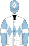 White, soft blue triple diamond, soft blue sleeves, white armlets, soft blue cap, white diamond