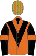 Orange, black chevron, black sleeves, orange armlets, light green and orange striped cap