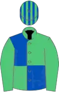 Emerald green and royal blue quartered, em green sleeves, striped cap