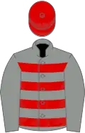 Grey and red hoops, grey sleeves, red cap