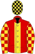 Red, yellow stripe, yellow and red check sleeves, yellow and black check cap