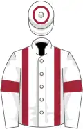 White, maroon braces and armlets, hoop on cap