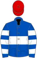 Royal blue, white hoop, hooped sleeves, red cap