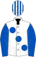 White, large royal blue spots and sleeves, striped cap