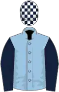 Light blue, dark blue sleeves, white and dark blue check cap