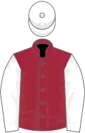 Maroon, white sleeves, white cap