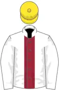White, maroon stripe, yellow cap