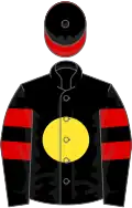 Black, yellow disc, black and red 'a', black sleeves, two red armlets, black cap, red peak