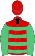 Red and emerald green hoops, emerald green sleeves, red cap