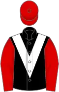 Black, white chevron, red sleeves and cap