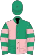 EMERALD GREEN AND PINK QUARTERED, hooped sleeves, emerald green cap