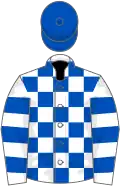 White and royal blue check, hooped sleeves, royal blue cap