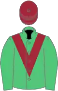 Emerald green, maroon chevron, maroon cap