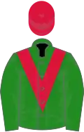 Forest green, crimson chevron, crimson cap