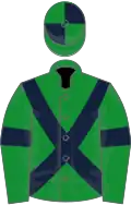 Green, dark blue cross-belts and armlets, quartered cap