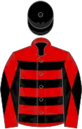 Red, black hoops, red and black diabolo on sleeves, black cap