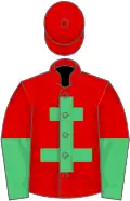 Red, emerald green cross of lorraine, red and emerald green halved sleeves