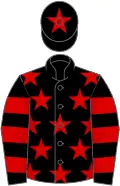 Black, red stars, hooped sleeves and star on cap