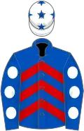 Royal blue, red chevrons, royal blue sleeves, white spots, white cap, royal blue stars