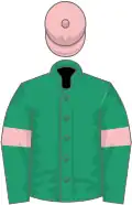Emerald green, pink armlets, pink cap