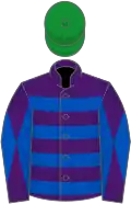 Purple, royal blue hoops, diabolo on sleeves, green cap